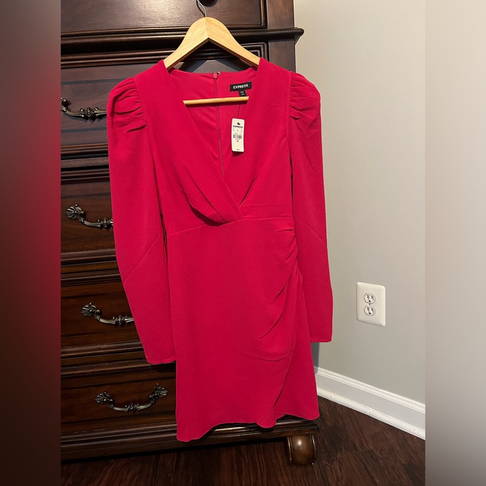 Pink Long Sleeve Faux Wrap Dress